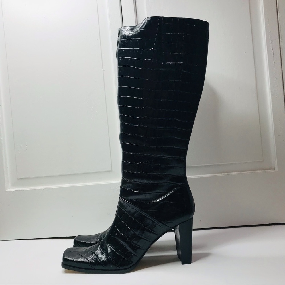 COUP D’ETAT Black Crock Print Leather High Heel Boots Size 9.5B